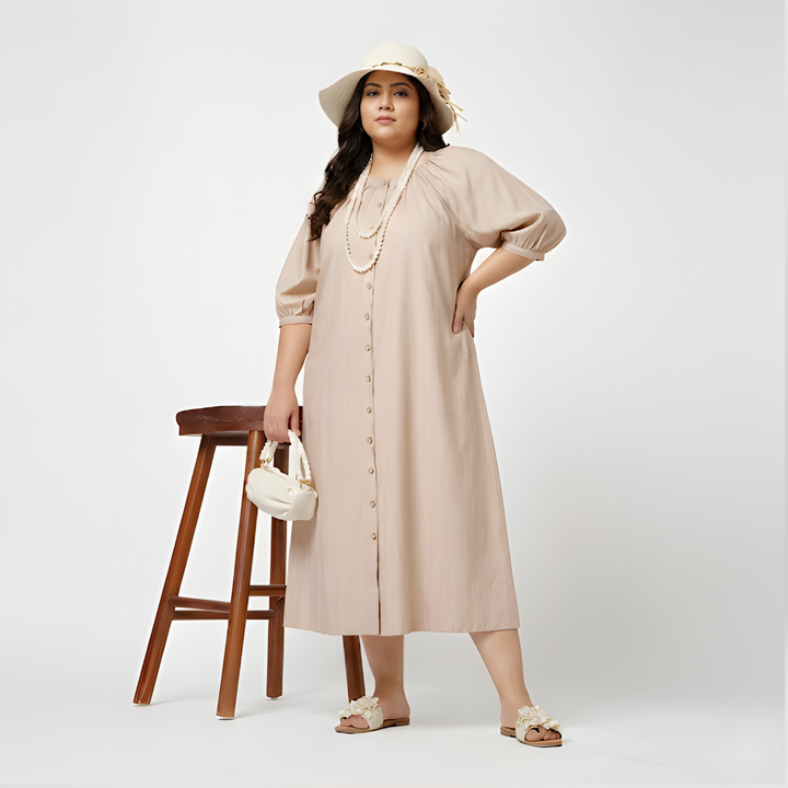 Beige Long Dress With Puff Sleeves