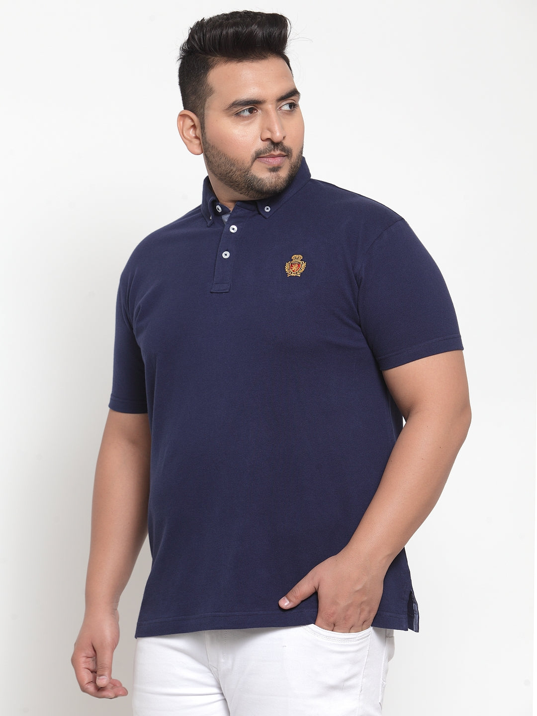 Plus Size Men Navy Blue Solid Polo Collar Pure Cotton T-shirt