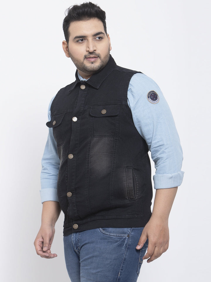 Plus Size Men  Black Solid Sleeveless Denim Jacket