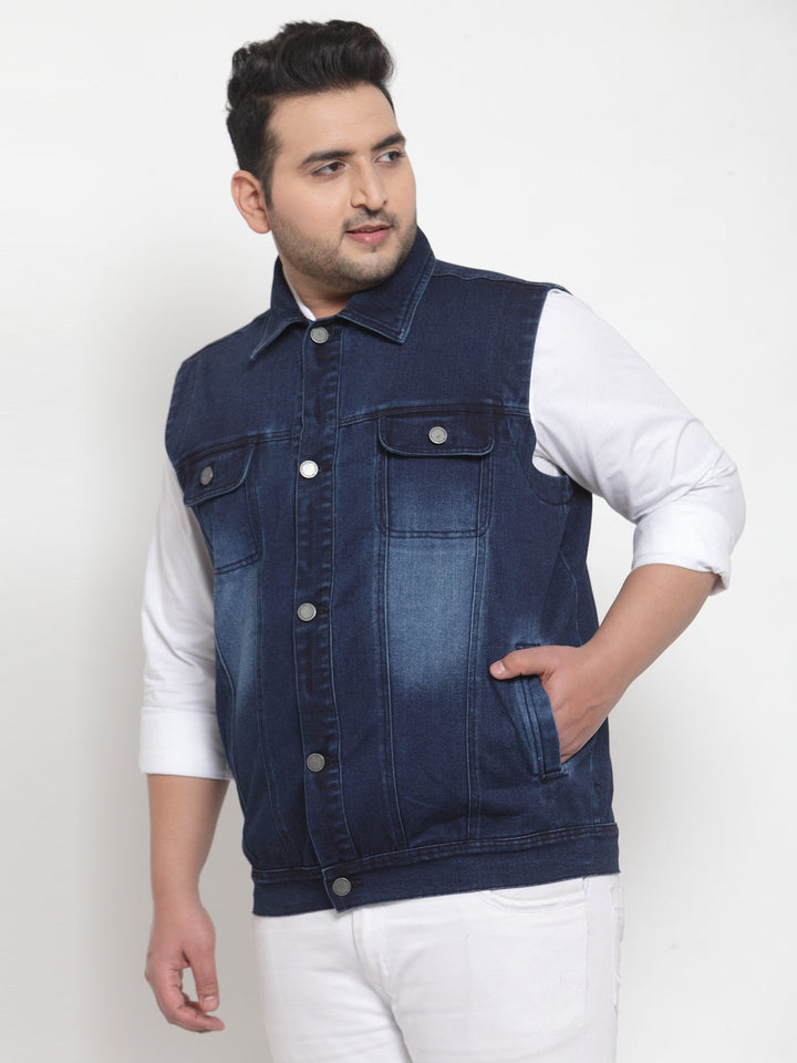 Plus Size Men Blue Solid Denim Jacket