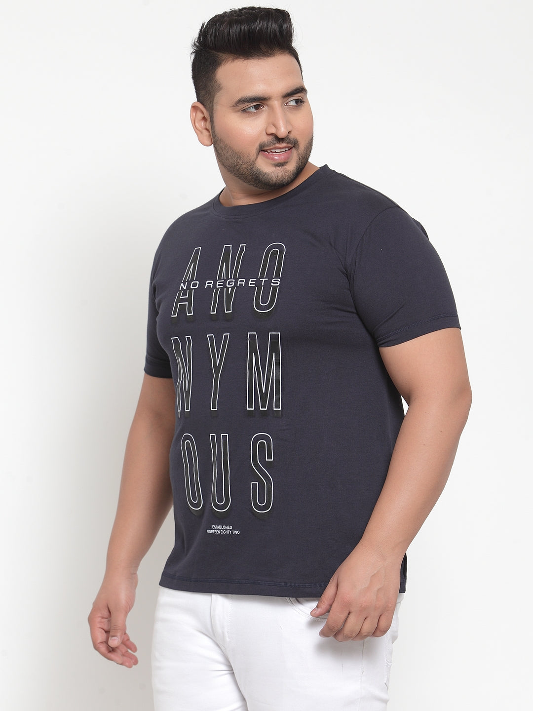 Plus Size Navy Blue Solid Round Neck Pure Cotton T-shirt