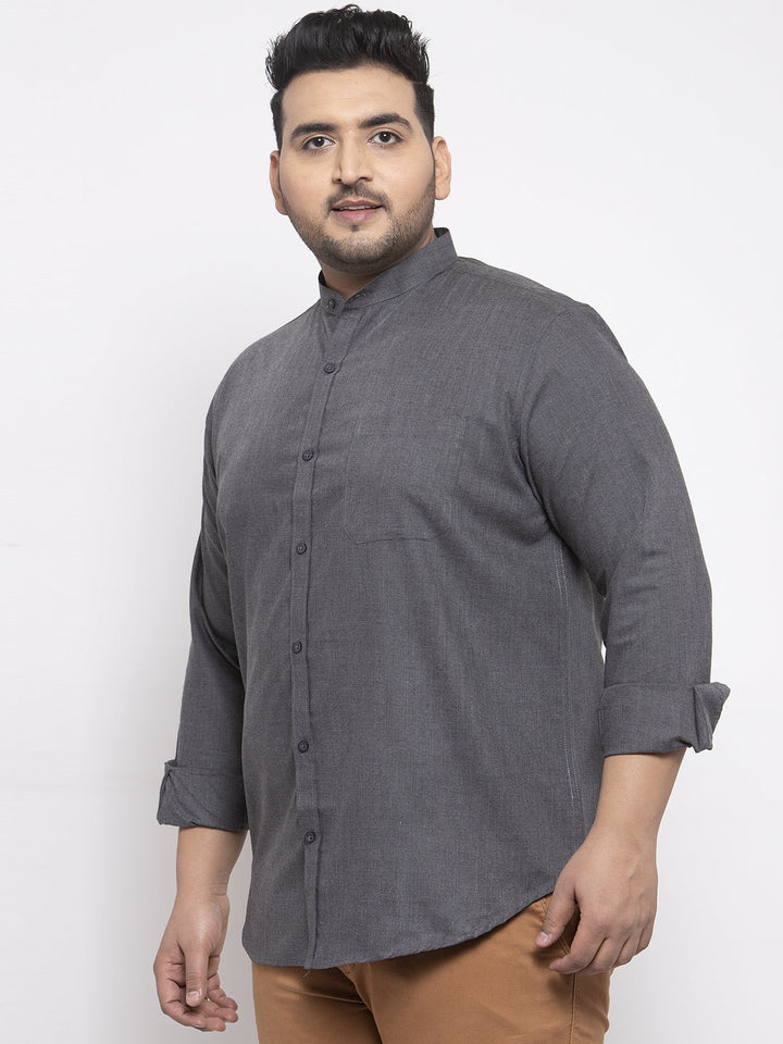Plus Size Men Grey Regular Fit Solid Casual Shirt