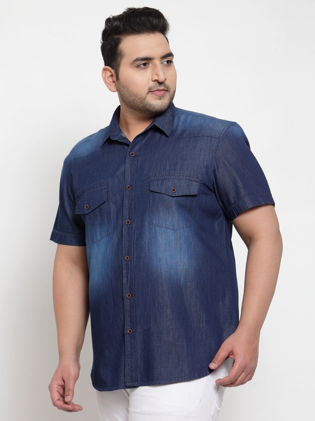 Plus Size Men Blue Regular Fit Faded Casual Denim Shirt