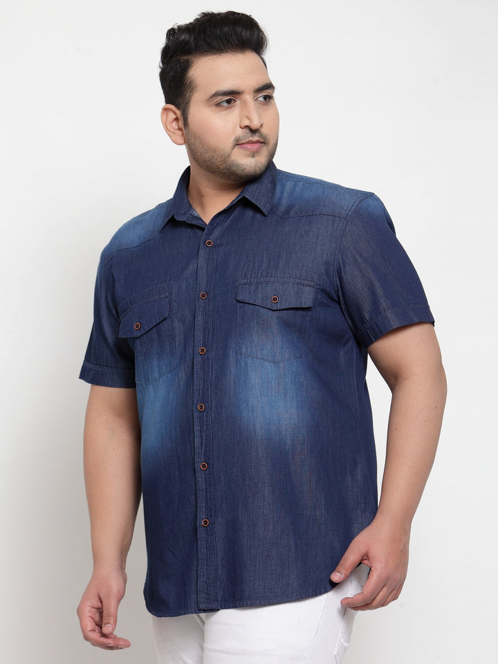 Plus Size Men Blue Regular Fit Faded Casual Denim Shirt