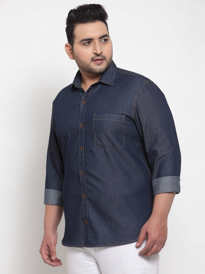 Plus Size Men Blue Regular Fit Solid Casual Denim Shirt