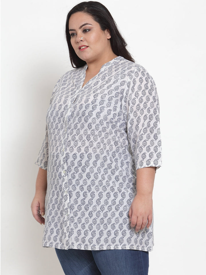 Plus Size Women White & Blue Printed Tunic