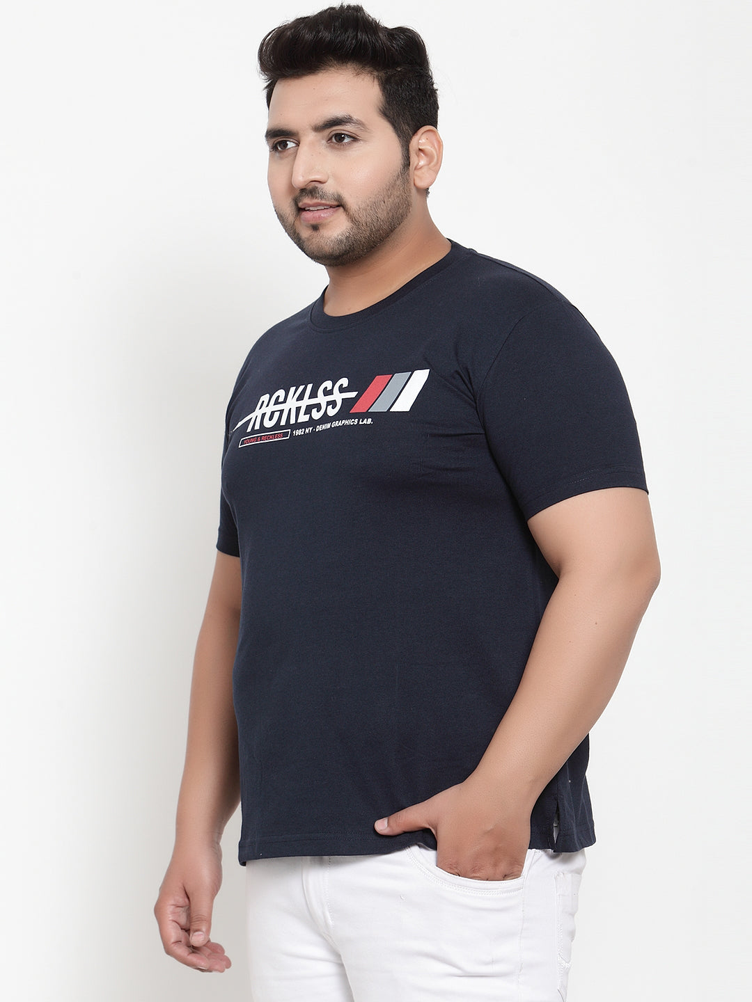 Plus Size Men Navy Blue Printed Round Neck Pure Cotton T-shirt