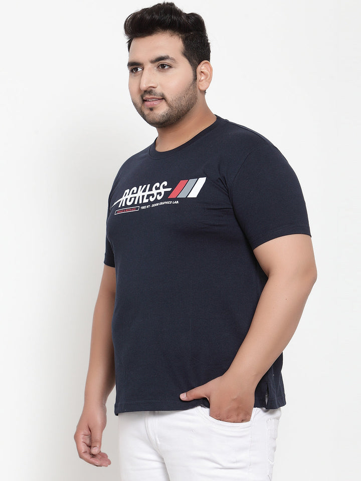Plus Size Men Navy Blue Printed Round Neck Pure Cotton T-shirt