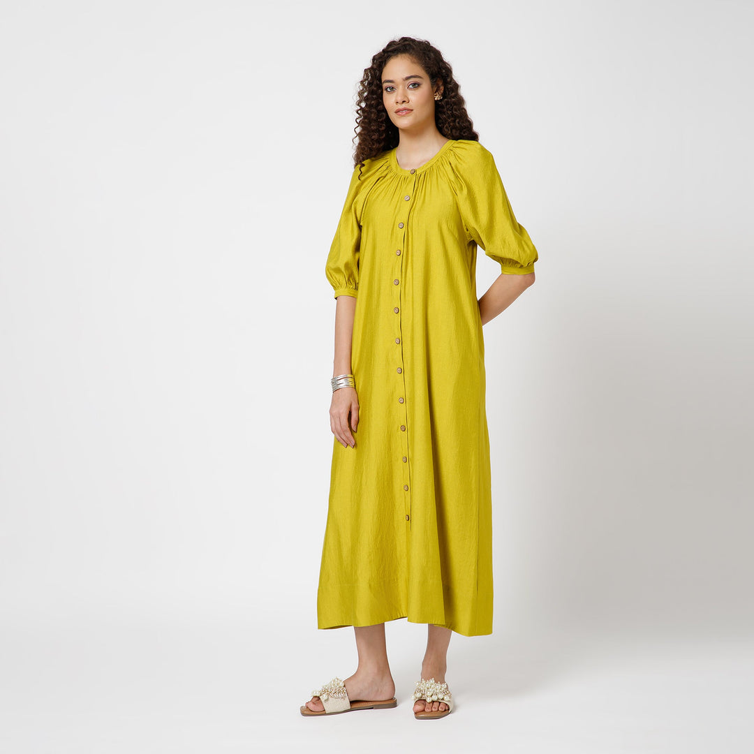 Olive Long Dress With Puff Sleeves