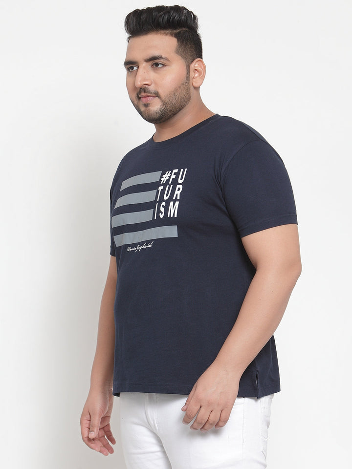 Plus Size Men Navy Blue Printed Round Neck Pure Cotton T-shirt