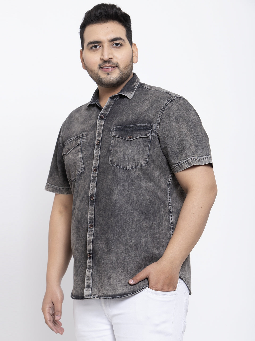 Plus Size Men Charcoal Grey Faded Casual Shirt