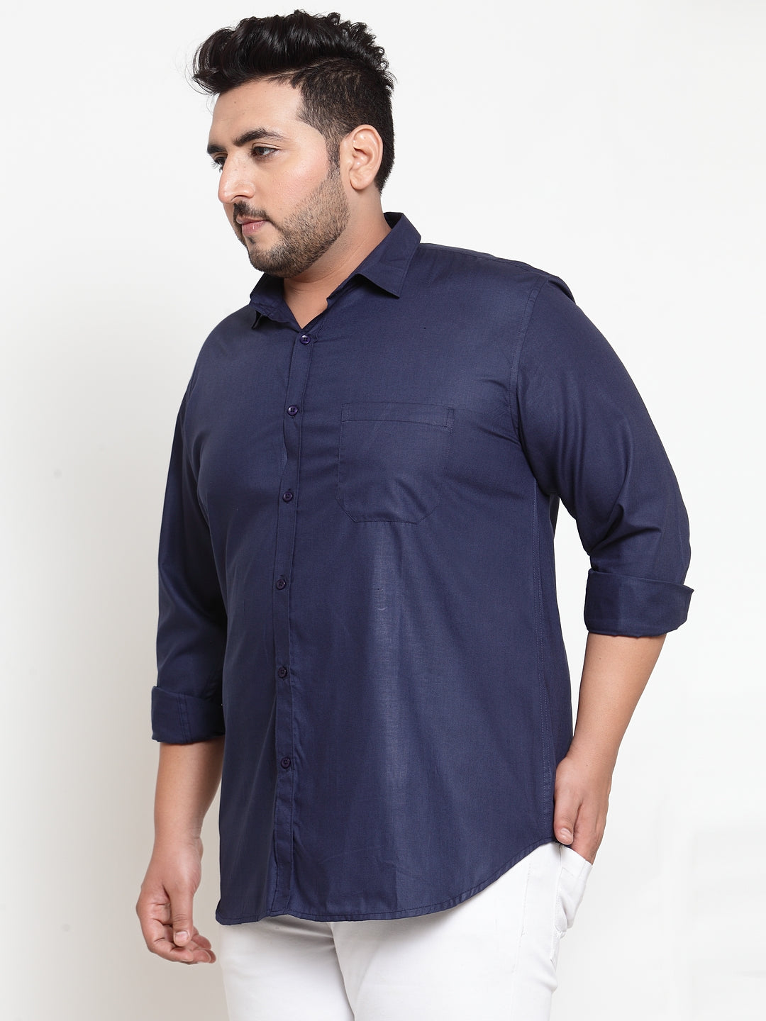 Plus Size Men Navy Blue Regular Fit Solid Casual Shirt