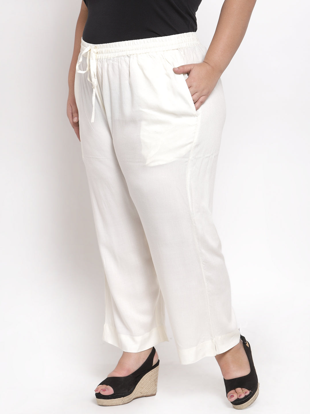 Plus Size Women White Solid Straight Palazzos