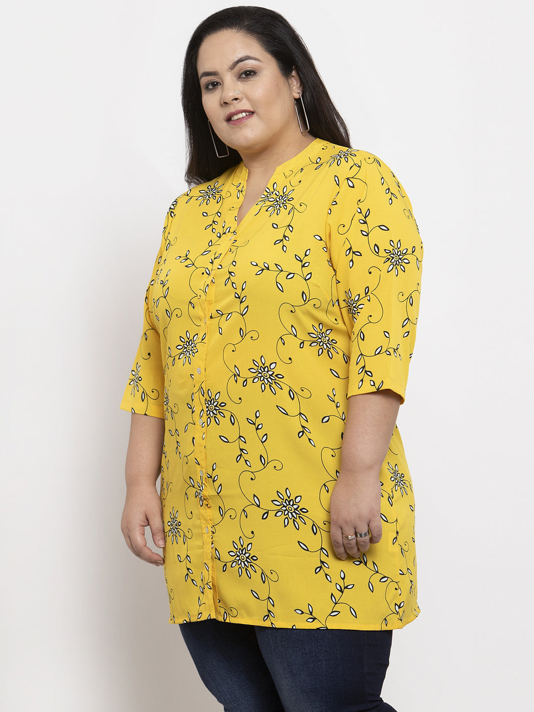 Plus Size Women Yellow Floral Printed Tunic