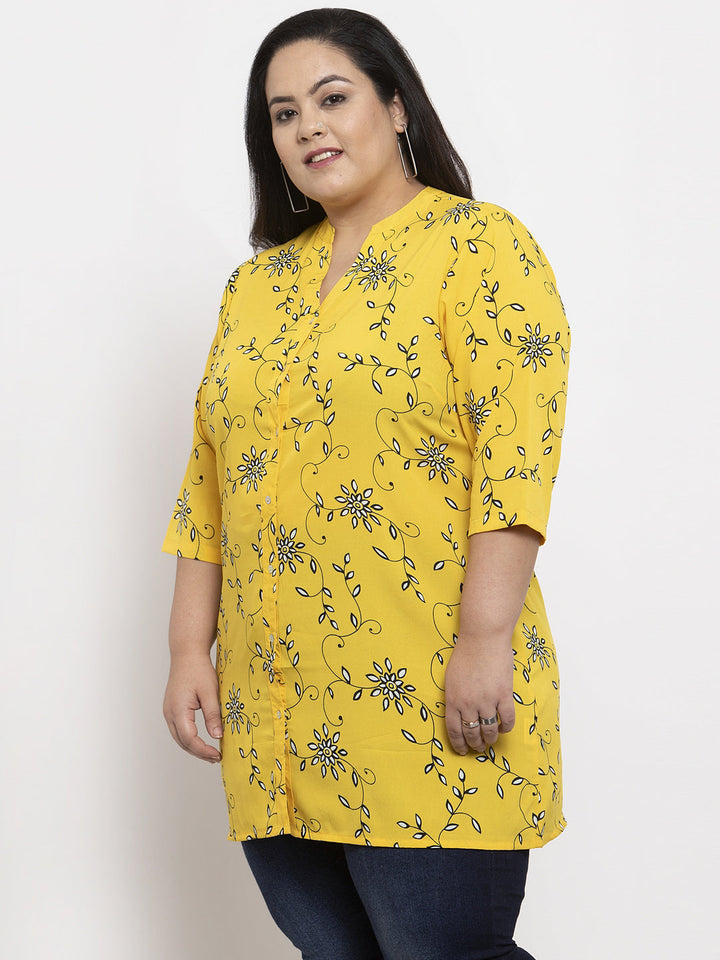 Plus Size Women Yellow Floral Printed Tunic