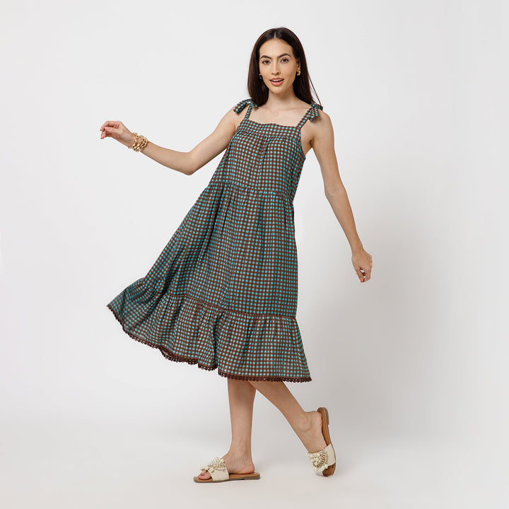 Brown Turqoise Check Tiered Dress