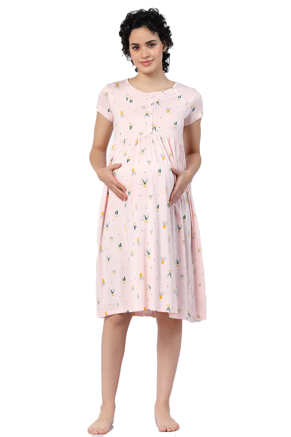 Organic Cotton Maternity Calf-length Nighty-ISML015-Pink Dogwood