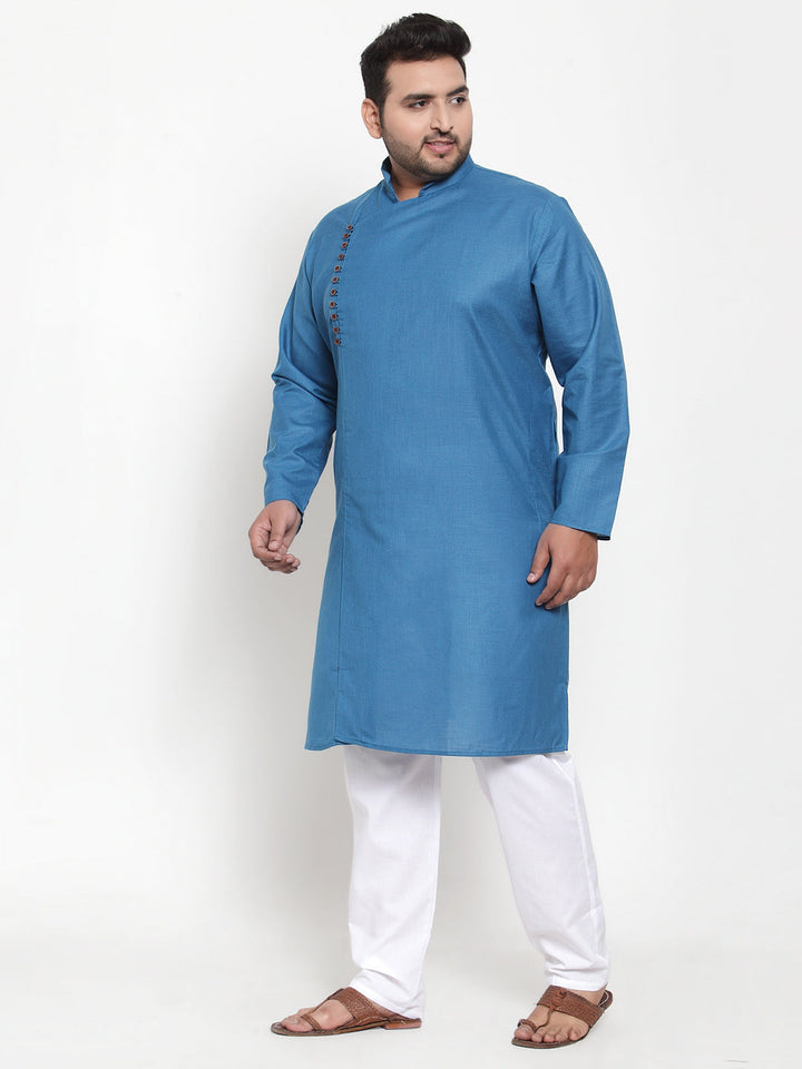 Plus Size Men Blue & White Solid Kurta with Pyjamas