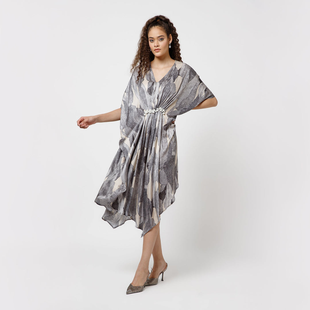 Black Satin Kaftan With Pearls