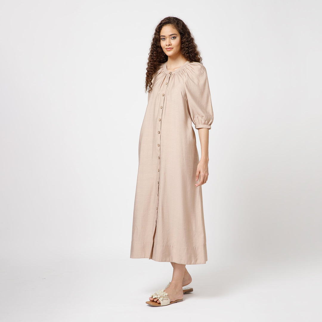 Beige Long Dress With Puff Sleeves