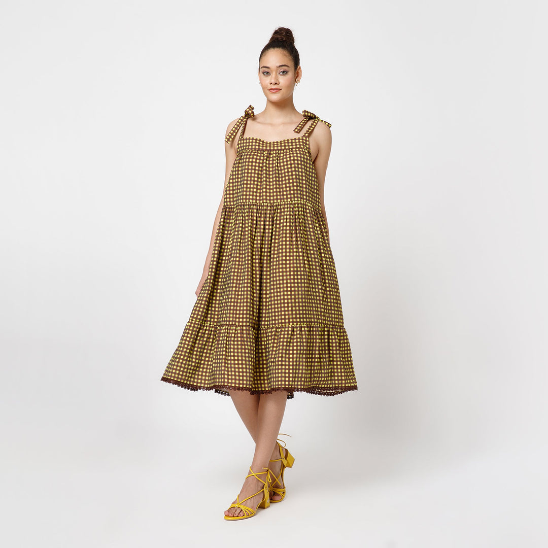 Brown Yellow Check Tiered Dress