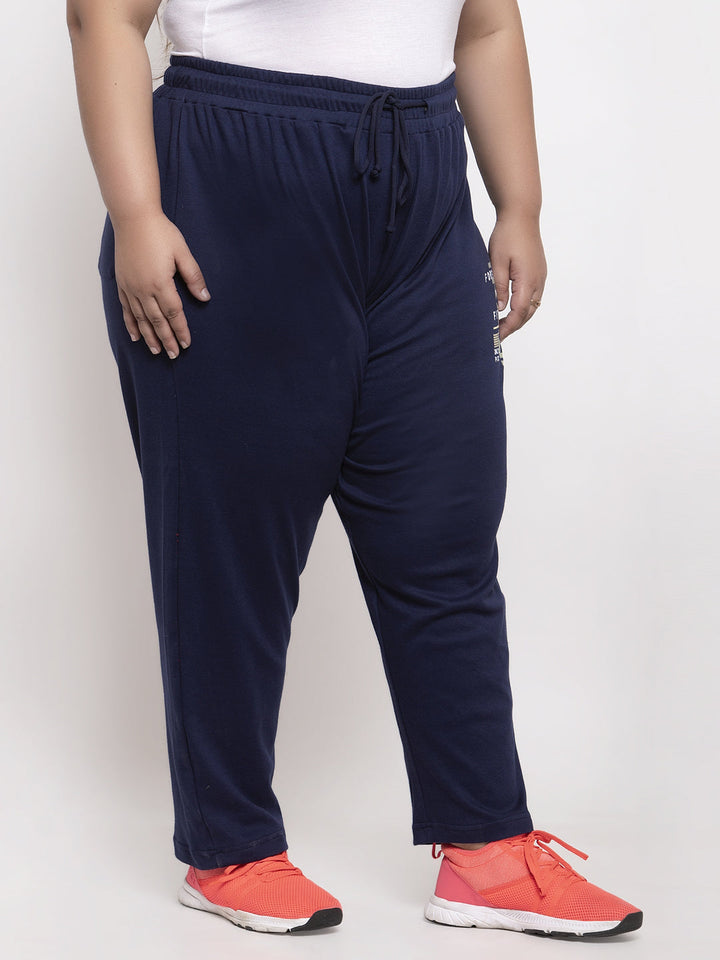 Plus Size Women Navy Blue Solid Straight-Fit Track Pants