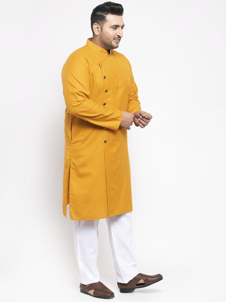 Plus Size Men Mustard Yellow  White Solid Kurta with Pyjamas