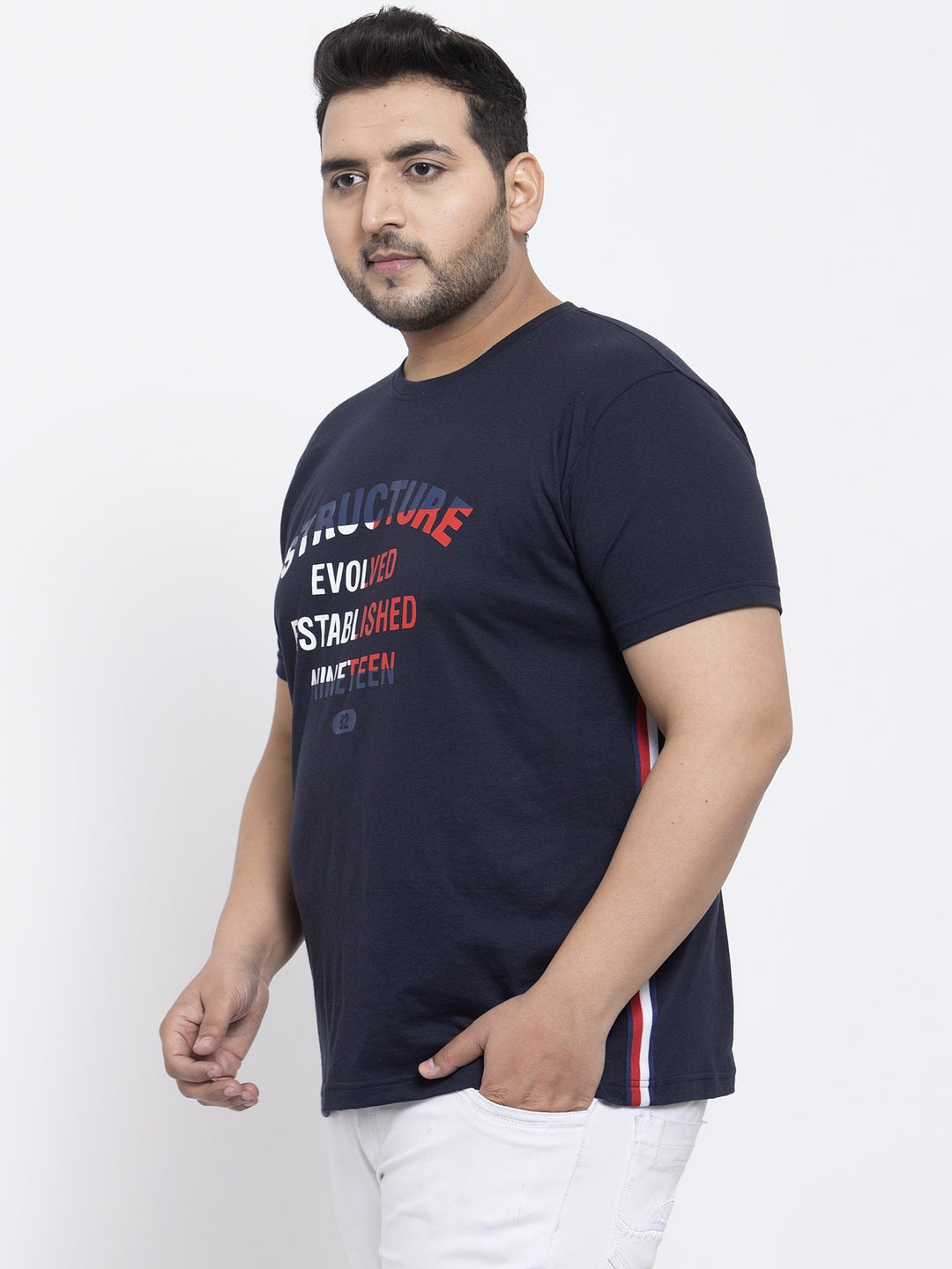 Plus Size Men Navy Blue Printed Round Neck Pure Cotton T-shirt