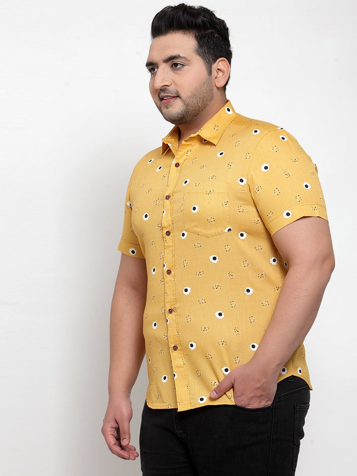 Plus Size Men Yellow Regular Fit Printed Casual Cotton Shirt