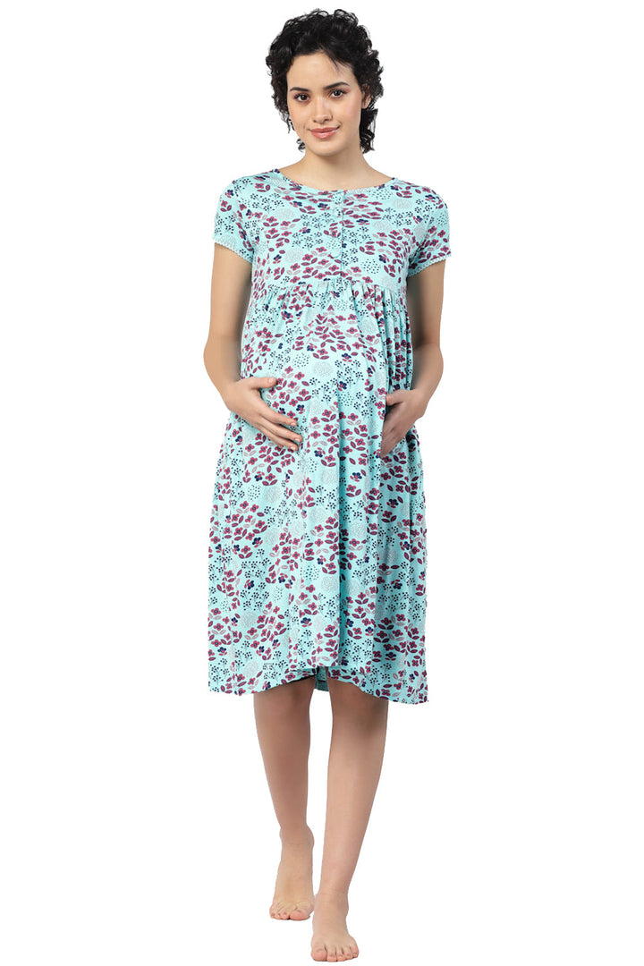 Organic Cotton Maternity Calf-length Nighty-ISML014-Green Print