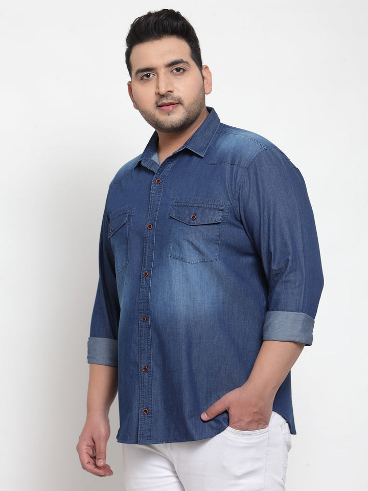 Plus Size Men Blue Regular Fit Solid Casual Denim Shirt