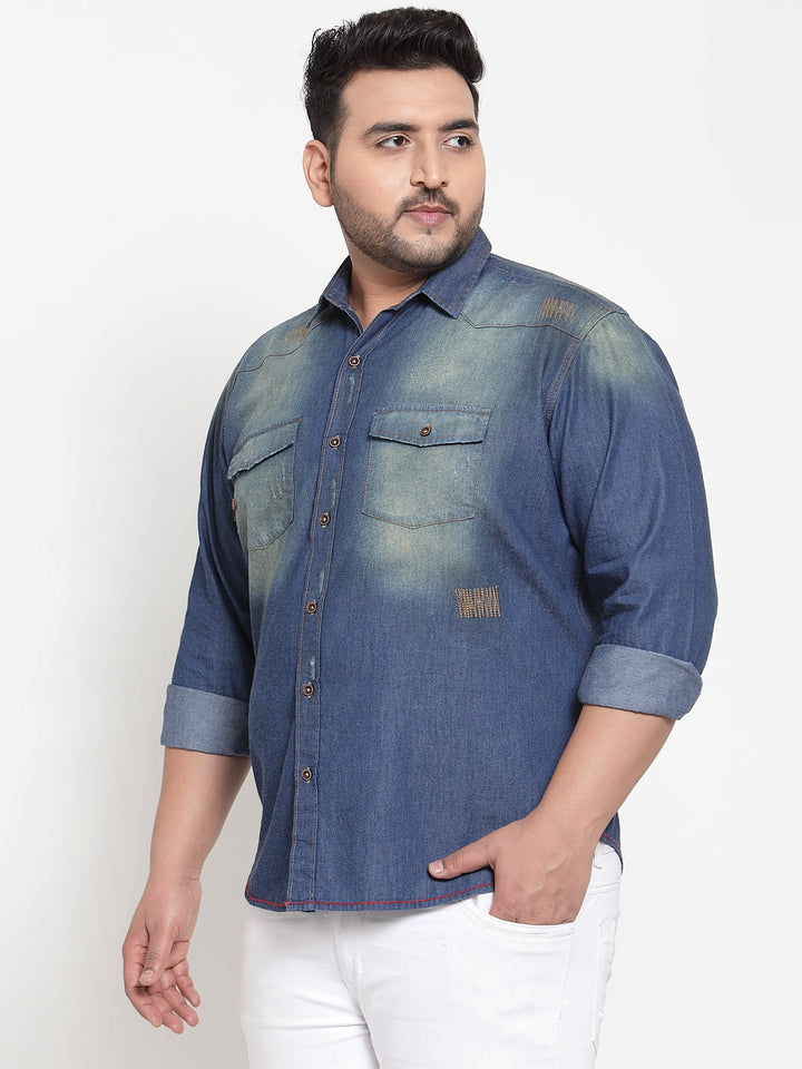Plus Size Men Blue Regular Fit Faded Denim Casual Shirt