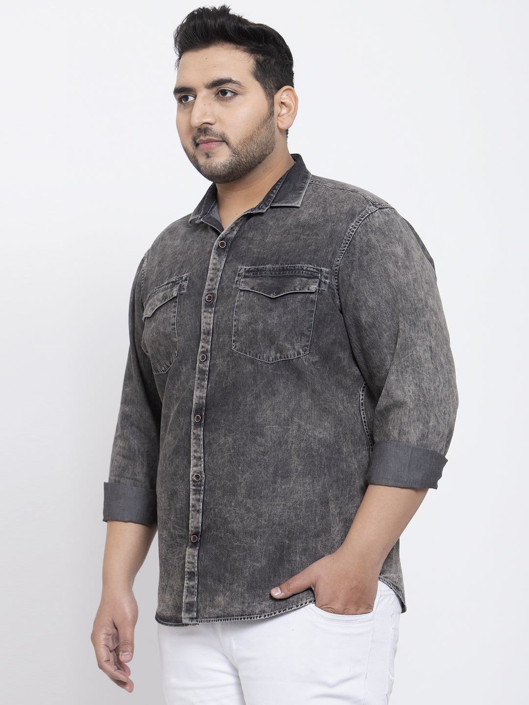 Plus Size Men Charcoal Regular Fit Faded Casual Shirt