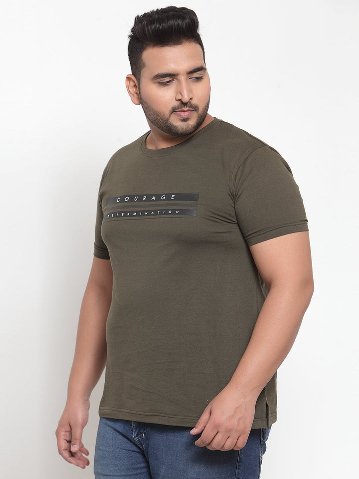 Plus Size Men Olive Green Printed Round Neck Pure Cotton T-shirt