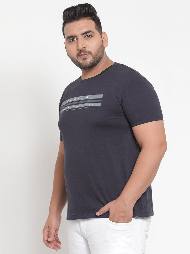 Plus Size Men Navy Blue Printed Round Neck Pure Cotton T-shirt