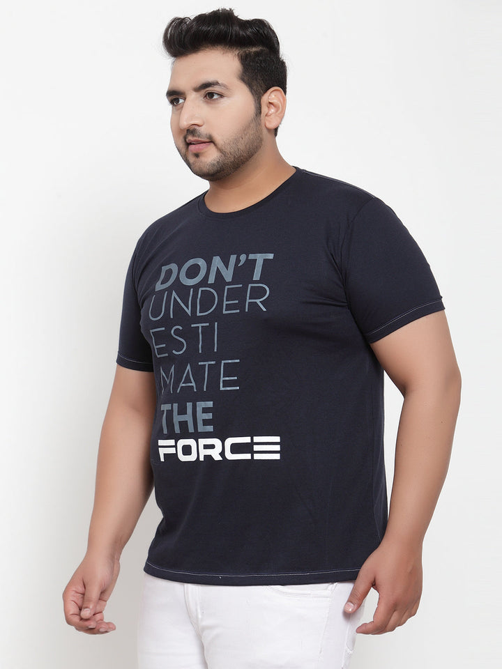 Plus Size Men Navy Blue Printed Round Neck Pure Cotton T-shirt