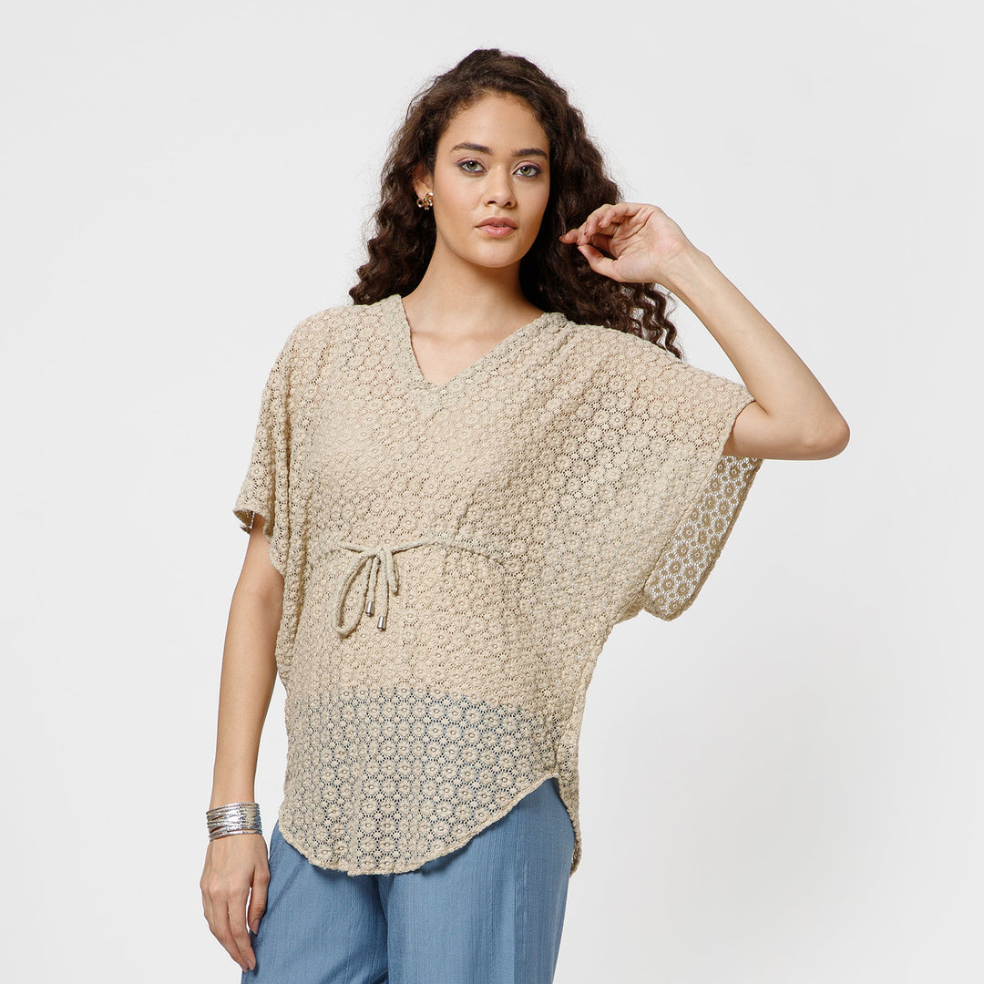 Beige Lace Fabric Kaftan With Spaghetti