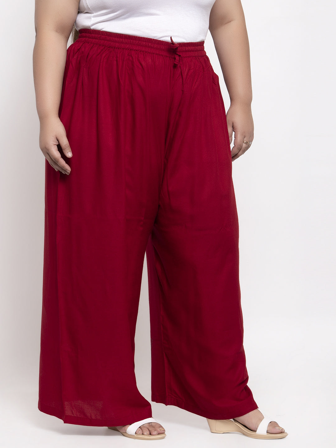 Plus Size Women Maroon Solid Flared Palazzos