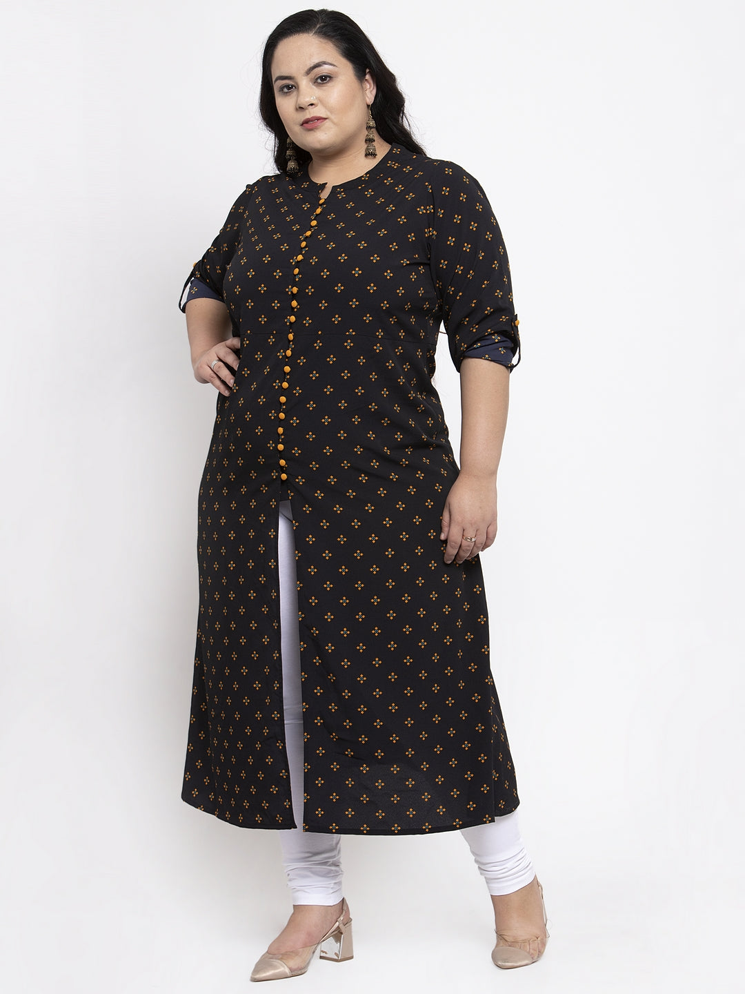 Plus Size Women Black Woven Design A-Line Kurta