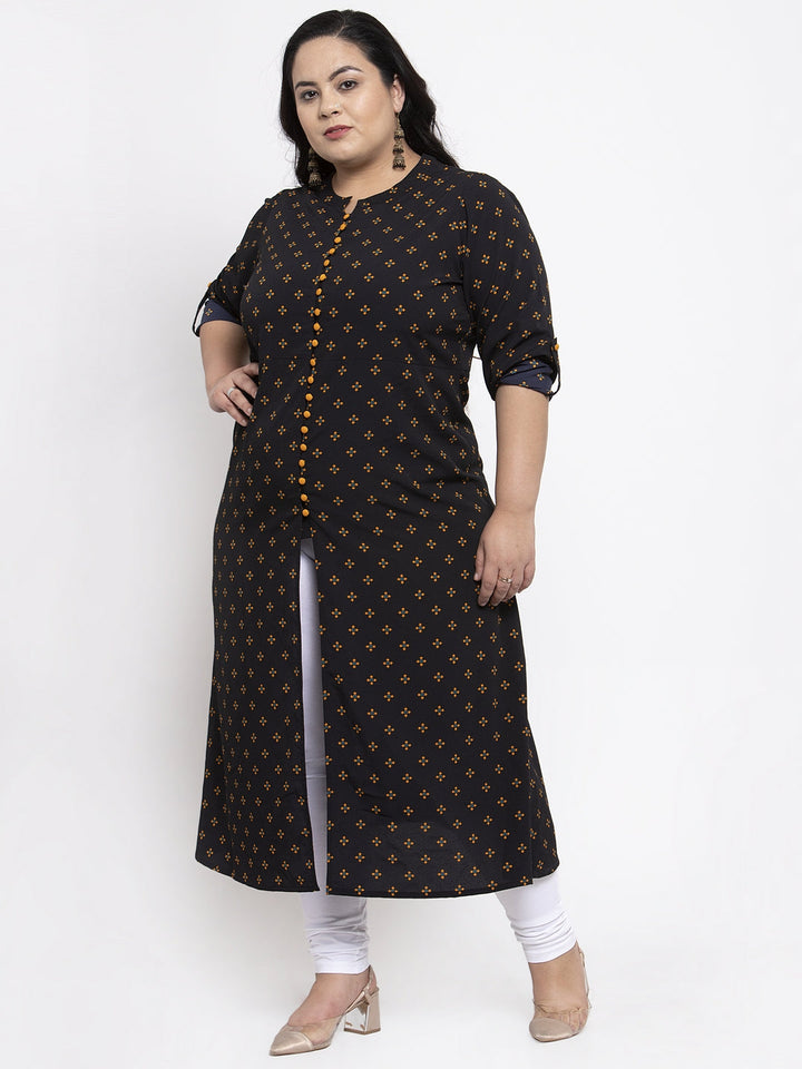 Plus Size Women Black Woven Design A-Line Kurta