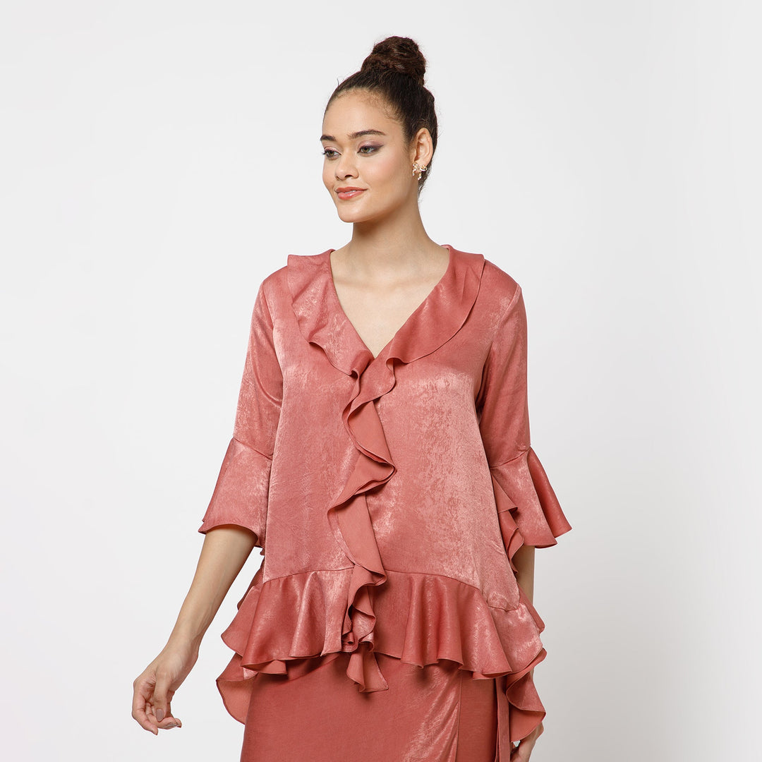 Peach Satin Asymetrical Frill Top