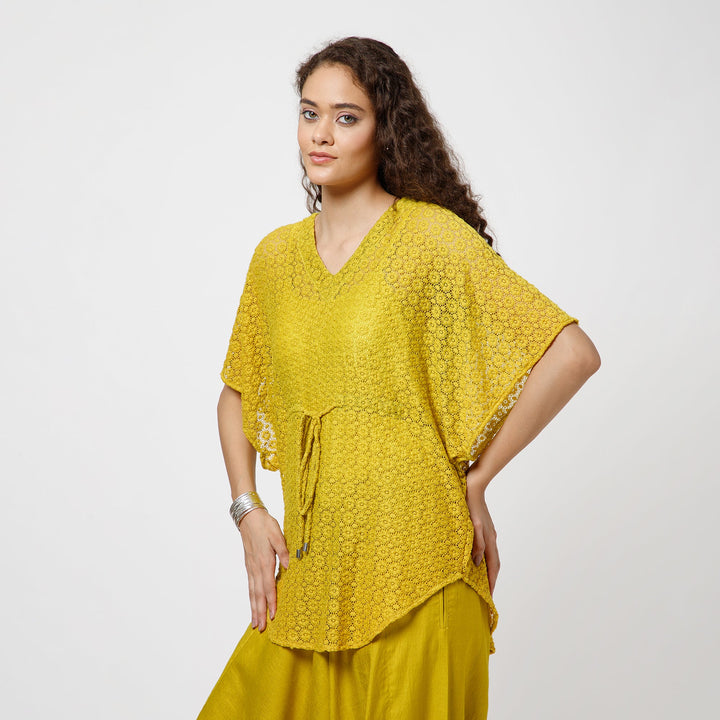 Olive Lace Fabric Kaftan With Spaghetti