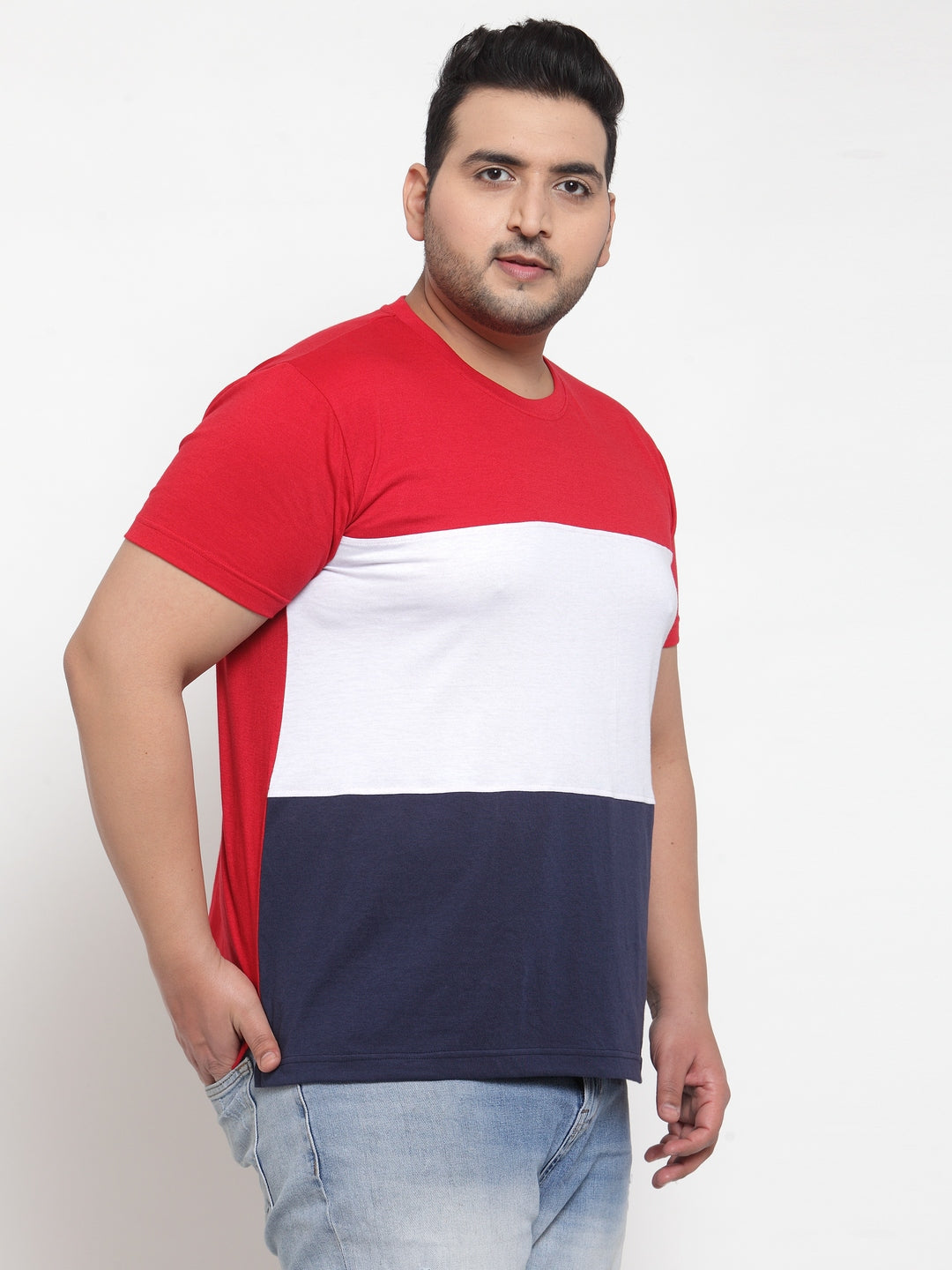 Plus Size Men Red  White Colourblocked Round Neck Pure Cotton T-shirt