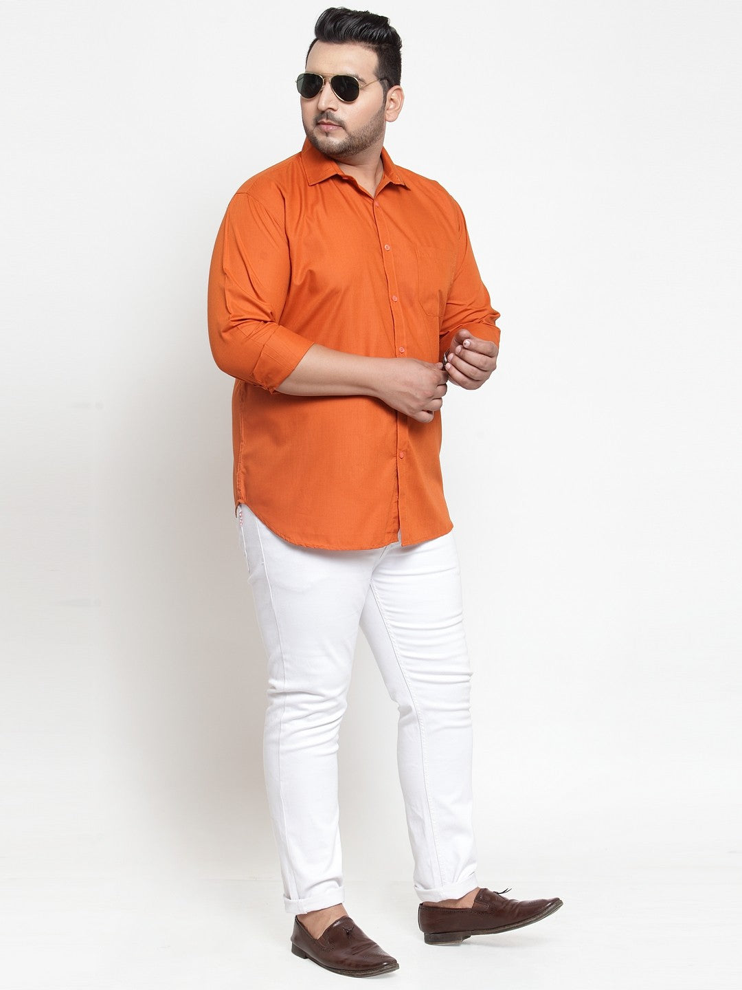 Plus Size Men Orange Regular Fit Solid Casual Shirt