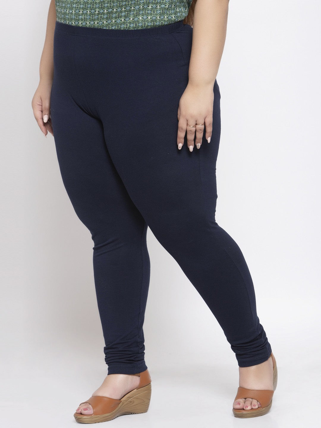Plus Size Navy Blue Solid  Churidar-Length Leggings