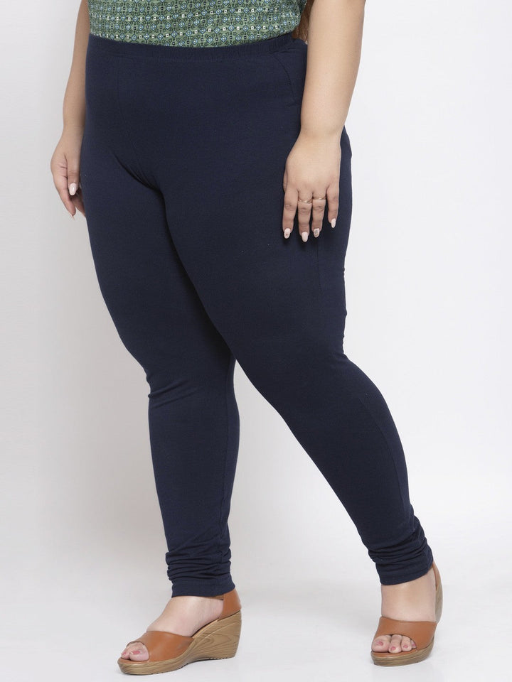 Plus Size Navy Blue Solid  Churidar-Length Leggings