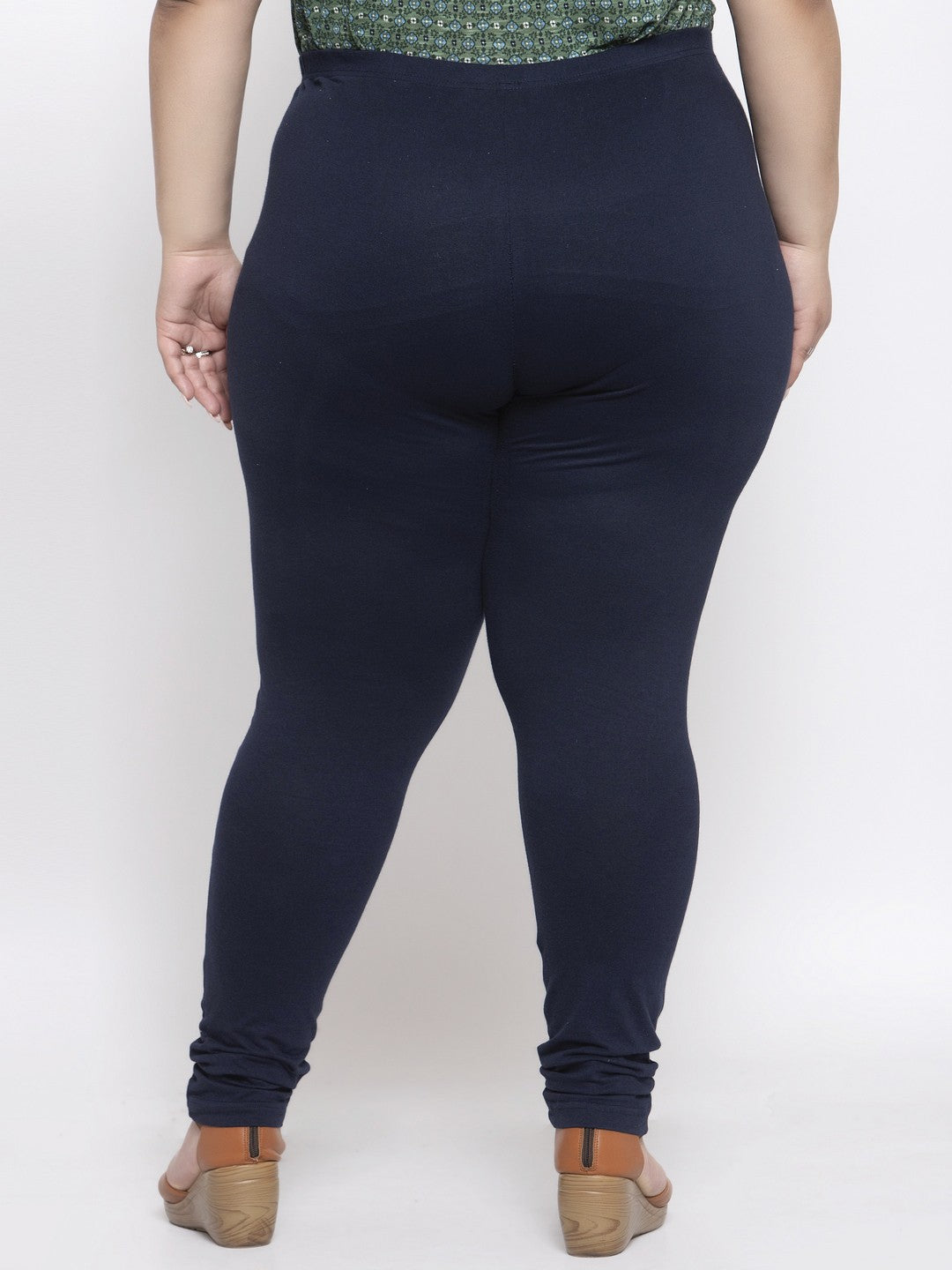 Plus Size Navy Blue Solid  Churidar-Length Leggings