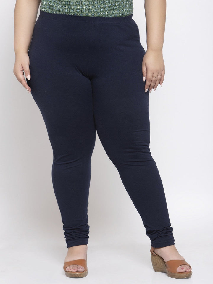Plus Size Navy Blue Solid  Churidar-Length Leggings