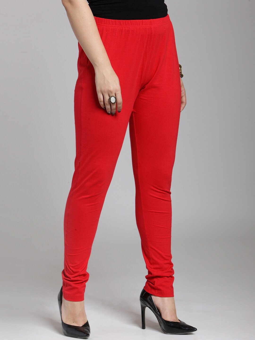 Plus Size Women Red Solid Churidar Leggings