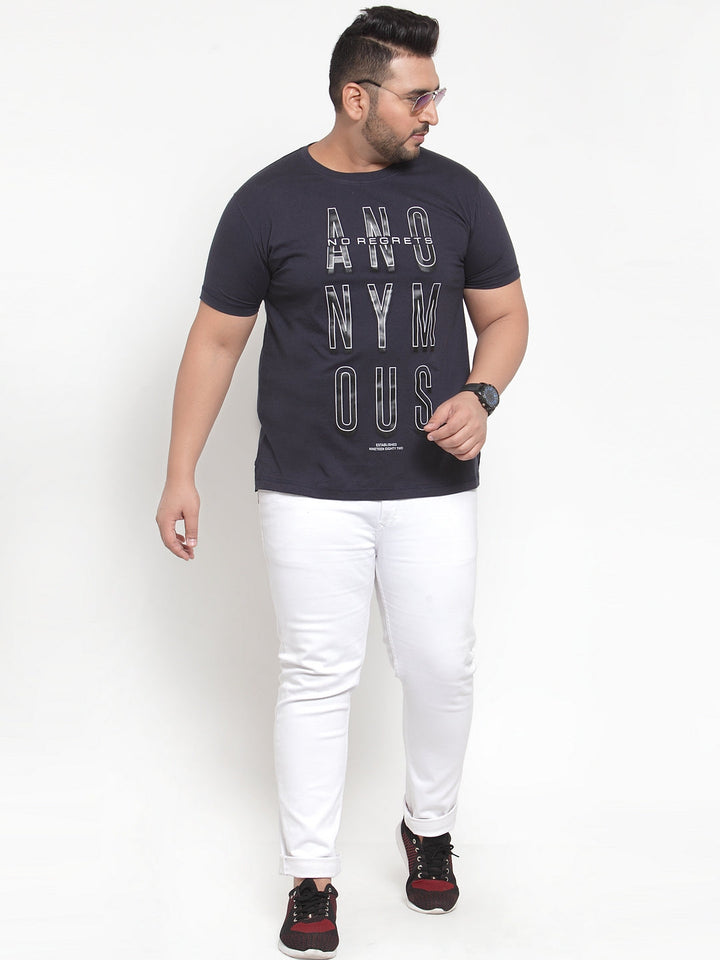 Plus Size Navy Blue Solid Round Neck Pure Cotton T-shirt